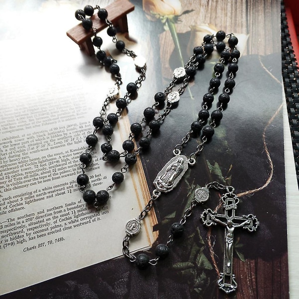 Rosenkrans pärlor lång halsband med Jesus Kristus krucifix kors katolska bön gåva