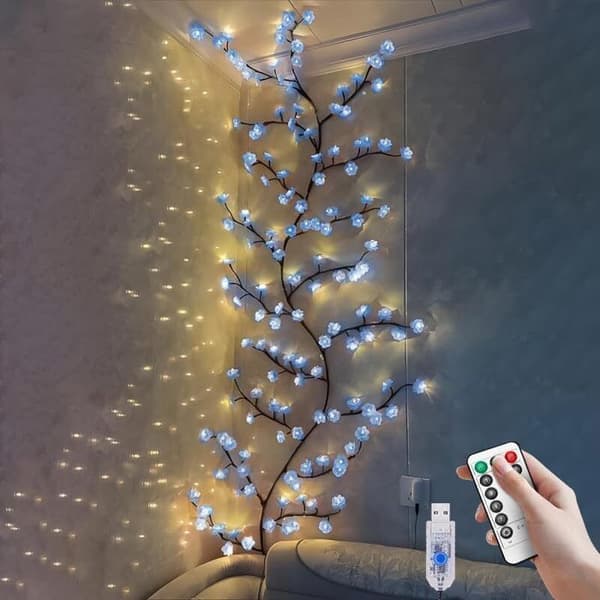Ferskenblomst LED lyslenke, 48 LED-perler, 8 lysmoduser (160 cm - Blå)