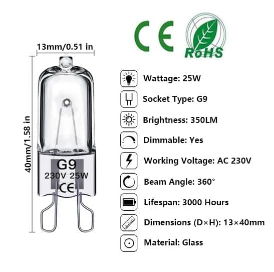 10-pack G9 Halogenlampor/Stiftlampor 25W/28W/40W, 230V - Varmvit - Halogen, Hög Prestanda 25W
