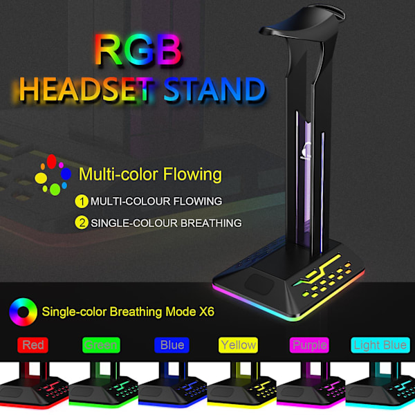1 Sett Hodetelefonholder 2-i-1 7 RGB Lyseffekter Lysende Sklisikker Base Kabelkrok Atmosfære Belysning med 2 USB-porter Skrivebord Gaming Headset Stativ PC