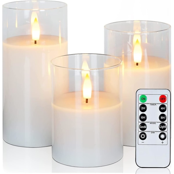 Clear Glass Flameless Candles Battery Operated With Timer, Remote Control, Led Pillar Candles Battery Powered, Pure White Wax, Set Of 3