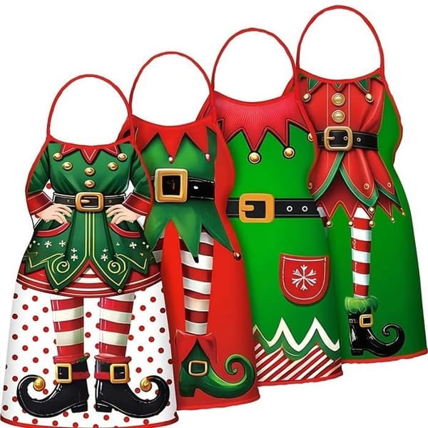 Set med 4 jul förkläden, 52x72cm, tomte design, lämplig för män och kvinnor kockar