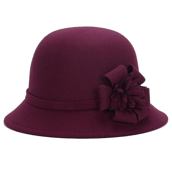Vintage kvinnor imitation ull enfärgad blomdekor Bucket Hat Bowler Cap Wine Red