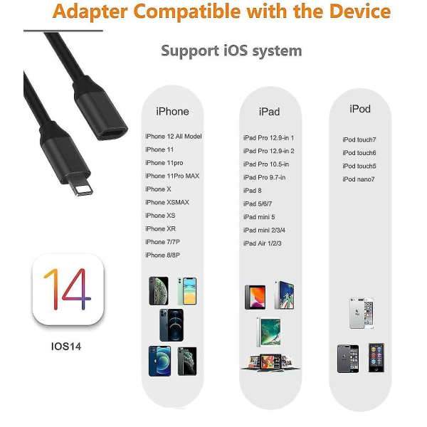 Lightning Cable Extension 6ft til Iphone 13 Ipad forlængerledning hun-til-han-stik Pass Lyd Video Musik Overførsel af data