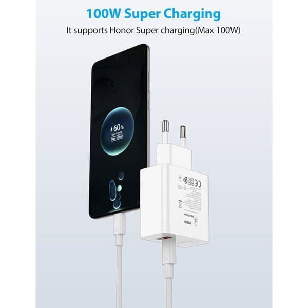 100W Supercharge Hurtigoplader til Honor 200 Pro+ / 200 Lite: Dobbelte PD-porte og 6A USB-C-kabel (1m)