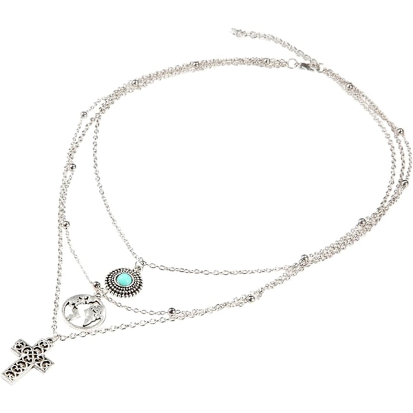 Hieno kerrostettu choker-kaulakoru, persoonallisuusristi, turkoosi kartta, kolmikerroksinen kaulakoru, hopeinen kaulakoru, monitasoinen kaulakoru, koruasu naisille