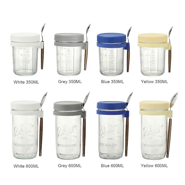 Glasbehållare för Havregryn med Sked - 350ml Flerfärgad 30 cl Mason Jar med Bred Öppning för Overnight Oats, Flingor, Yoghurt - Lufttät Förslutning och Läcksäkert Lock Grey 600ML