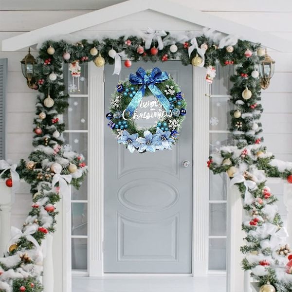 Julekranser til inngangsdøren, 40 cm/15,7 tommer Kunstig Julekrans Vinterjulekrans Dekorasjon med Sløyfe Blomsterkule (Blå)