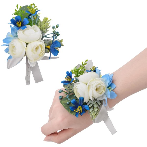 2 stk. håndledsblomster, kunstig bryllupshåndledsblomst og boutonniere sæt brud håndblomst mænd boutonniere til bryllup, hvid og blå