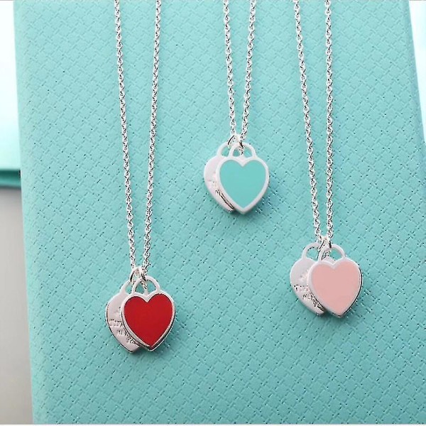 2st klassiska Tiffany halsband dubbelt hjärta blå rosa hänge