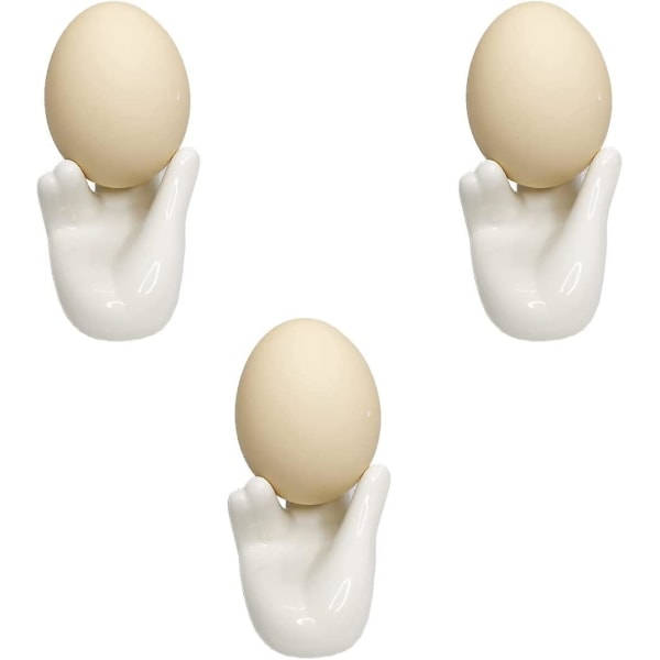 Sæt med 3 kreative keramiske håndformet æggekopholder Porcelænsæggebæger påskeæg displaystativ til hårdkogte æg Morgenmadsbord Køkkengave(hvid