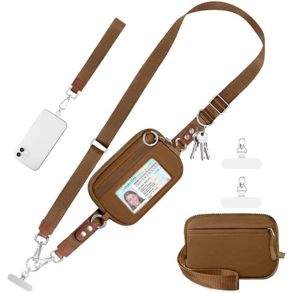 Justerbar telefonstropp/snor med lomme og 2 lapper – Universal – Brun