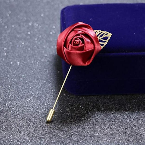 Mænds reversnål, 6 stk. lange broche nåle satin blomst boutonniere håndlavet mini rose reversnål med guldblad til mænd jakkesæt bryllup gom 6 farver