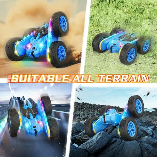 Fjernstyret bil, Stunt RC-bil legetøj, nyopgraderede lysstriber og forlygter, dobbeltsidet 360° roterende 4WD RC-driftbil til børn Blue