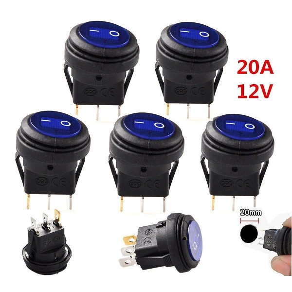 5 Pcs 12v 20a Waterproof Round On/off Rocker Switch Car Auto Boat Spst