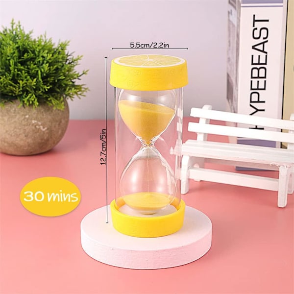 Fruktformad timglastimer, säker färgglad genomskinlig sandtimer med skyddande lockbas för hemmakontorsdekor köksmatlagningsnedräkning Lemon 30 min