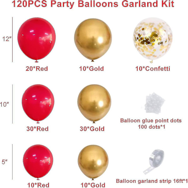 Rød Guld Konfetti Balloner Garland Arch Kit, 120 Stk 12in 10in 5in Latex Metallic Guld Rød Konfetti Balloner Kit Til Fødselsdag Bryllup, Jubilæum, Ce
