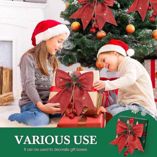 4 stk jule rød sløjfe, pailletter kranse sløjfer, juletræ topper glitter, jule dekorative sløjfer ornament til hjemme bryllup festival, jul pa