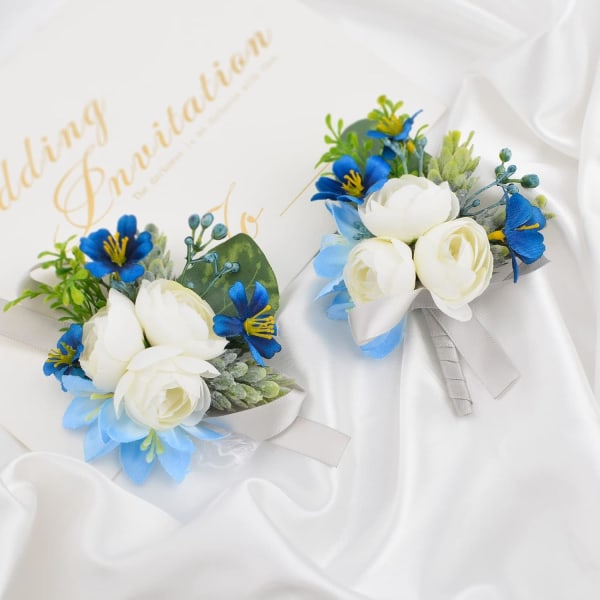 2 stk. håndledsblomster, kunstig bryllupshåndledsblomst og boutonniere sæt brud håndblomst mænd boutonniere til bryllup, hvid og blå