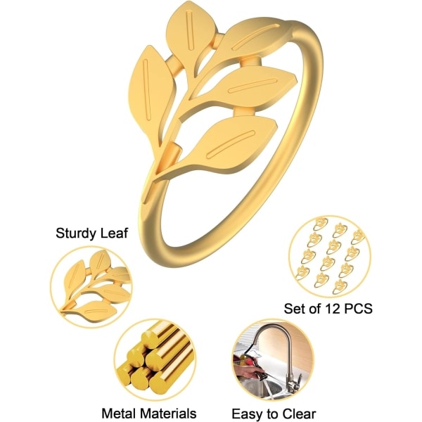 Guld servietringe sæt med 12, bladguld servietholder til julebryllup fødselsdag Thanksgiving Party, metalmateriale