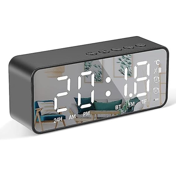 Digitalt vækkeur med spejlvendt LED-skærm, 5.0 Bluetooth-højttaler, dobbelt vækkeur med visning af omgivende temperatur