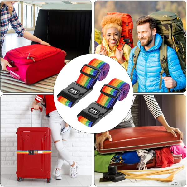 2 pakke bagagestropper, kuffertbælter Brede justerbare lynspænde pakkestropper med adgangskodelås til rejsetilbehør (farverig)