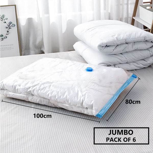 Vakuum oppbevaringsposer for klær - 6-pakning 100 x 80 cm ekstra store gjenbrukbare klær oppbevaringsposer vakuumforseglerposer med dobbel glidelås