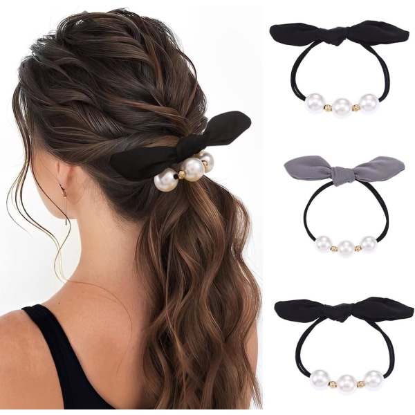 Sløjfebånd Perlehårbånd Sort hår Scrunchy elastiske hårsmykker til kvinder og piger (pakke med 3)
