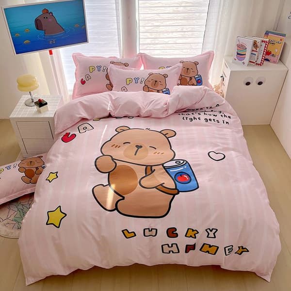 Capybara Påslakanset – 3 delar (240x260cm Påslakan + 2 Örngott) 65x65cm Polyester, Tecknad Design 7