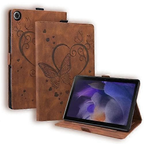 Lærtablettveske med sommerfugl-embossing for Samsung Galaxy Tab A9 Brown
