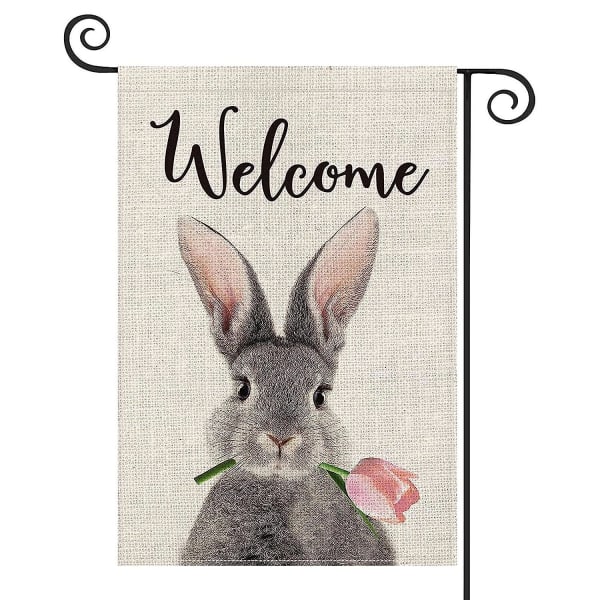 Välkommen påsk Trädgårdsflaggor, 12x18 Dubbelsidig Spring Bunny Rabbit Trädgårdsflaggor för utomhusgård Gräsmattadäck Uteplats Verandadekoration, kanintulpan Glad