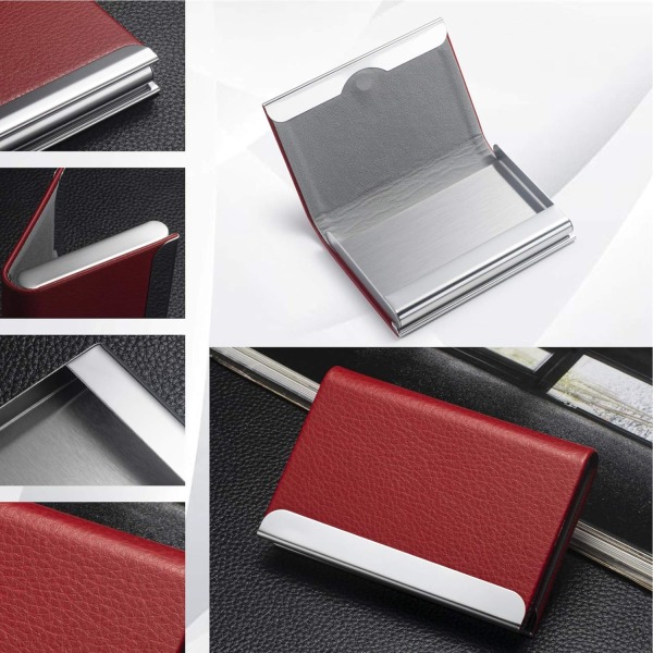 Visitkortholder, Luksus PU-læder visitkortetui - Pung Kreditkort ID-etui, Slank metallommekortholder med magnetlukning (rød)