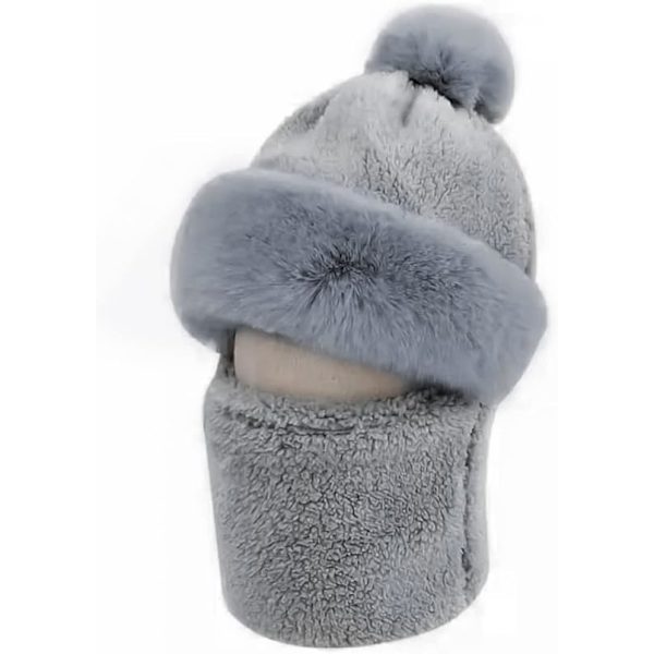 Naisten pyöräilytuulenpitävä huivihattu Talvinen kaulaliina Lämmin fleece-naamio Termohuppu Pompomilla hiihtämiseen pyöräilyyn One Size,Grey