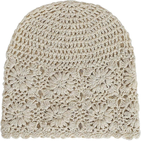 Dam Bomull Virkad Slouchy Mössa Handgjord Stickad Utskuren Sommar Blommig Skull Cap beige