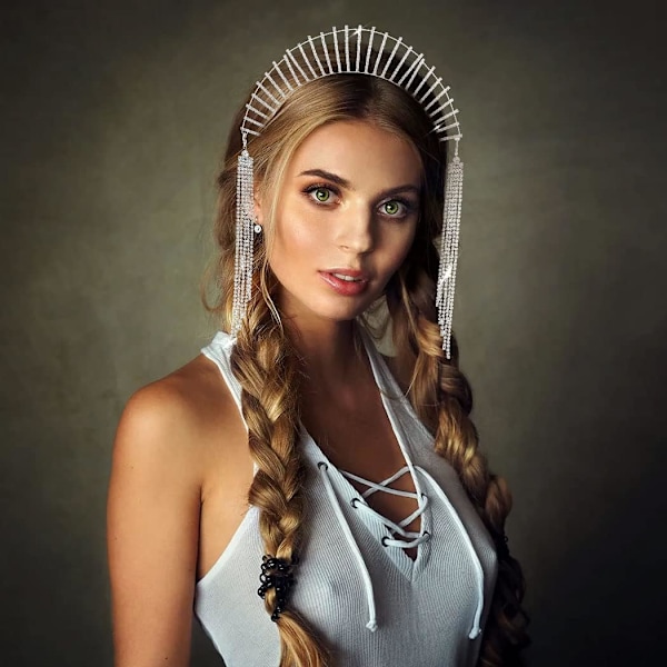 Mary Halo Krone Hovedbånd Guld Glimmerende Rhinestone Gudinde Hovedbeklædning Kvast Bryllup Fest Kostume Hår Tiara Hovedbeklædning til Kvinder og Piger (Sølv)