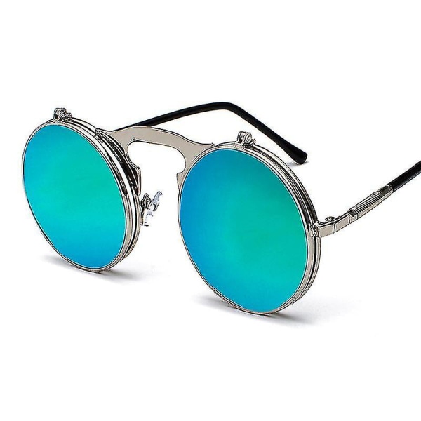 Menn Unisex solbriller Flip Up Lens runde øyebriller Silver Frame Green Lenses