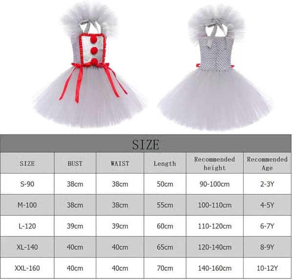 Flickor Pennywise Clown Halloween-kostym, läskig klänning Cosplay, storlek Medium M