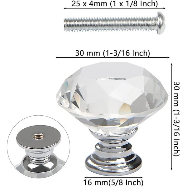 Set med 12 30 mm Diament Crystal Dörrknopp Dörrknopp Med Skruvar Dekoration Dörrskåp Låda Skåp Lådknopp Silver