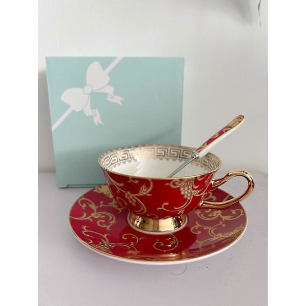 YBK Tech Benporslin Kopp & Fat Set i Europeisk Stil, Keramisk Te- och Kaffekopp för Hem, Kök, Bröllop (Leopardmönster) Retro Flower Pattern Red