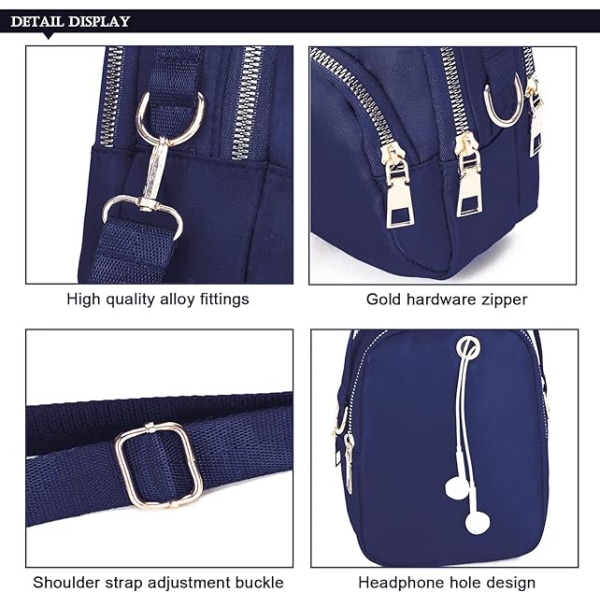 Cross Body telefonveske for kvinner, nylon lommebok skulderveske, 3 lags mobilveske med glidelås med justerbar stropp (blå 2)