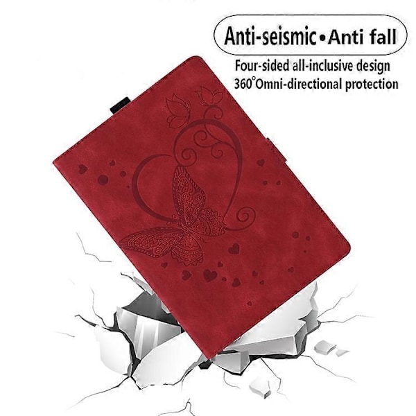Samsung Galaxy Tab A9:lle suunniteltu nahkainen tabletin suojakotelo, jossa on rakkausperhonen-reliefikuvio Red