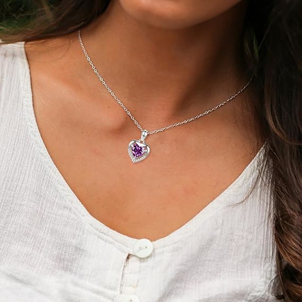 Silver Heart Halsband, 925 Sterling Silver Halsband för Kvinnor Kristall Hjärta Halsband Fin Kärlek Hjärta Halsband Silver Kedja Halsband Kvinnor Present Purple-Crystal Heart