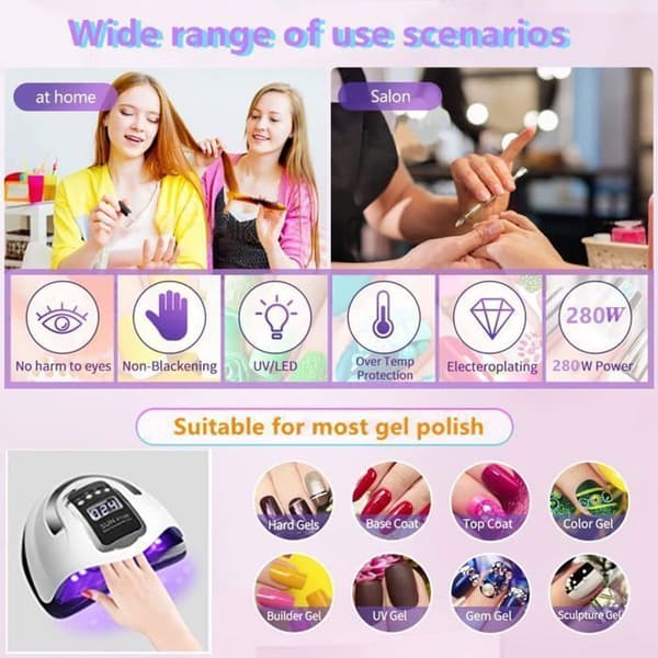 UV negletørrerlampe – 280W Professionel Automatisk LED Negletørrer – Hurtig Tørring – 66 LED'er – Stor LCD-skærm – 4 Timerindstillinger