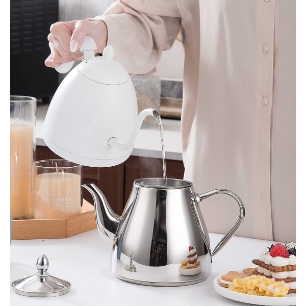 Rustfrit stål tekande med si 1,5 liter (52oz) 5-6 kopper, god hælde sølv tekande med si filter til brygning af løs tepose