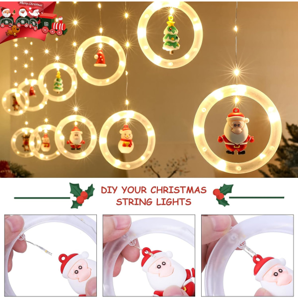 Jouluikkunavalot 3 m x 0,65 m LED-valoverhokeijuvalo, 8 erilaista joulukoristetta sisäjuhlien häämakuuhuoneeseen (lämmin valkoinen)