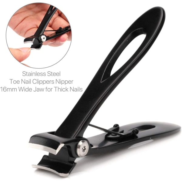 Nail Clippers 16mm Wide Large Jaw Opening for Thick Nail Stainless Steel Black Fingernail and Toenail Nipper Cutter Podiatry Trimmer