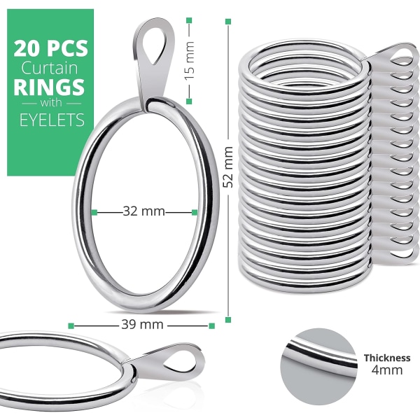 Curtain Rings 20 Pcs – Bigger Curtain Rings Metal with 32mm Inner Diameter & Eyelets for Window Rods, Shower Curtains, Decorative Drapery  - Silver