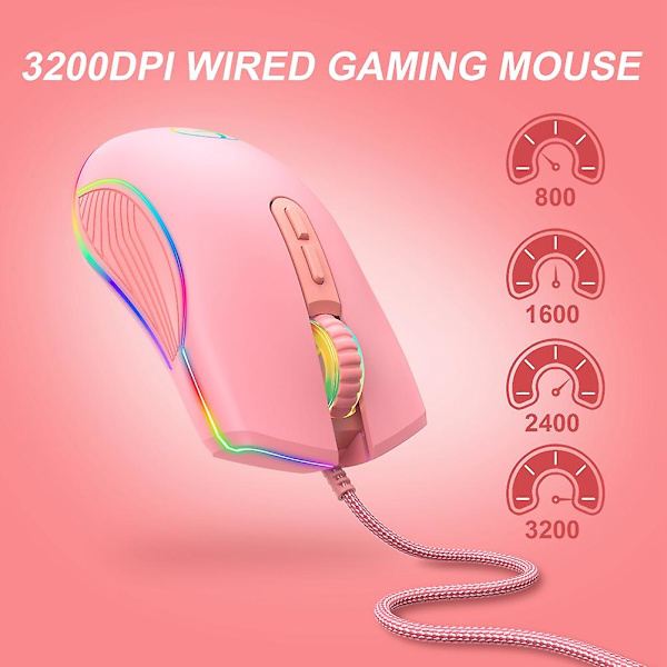 3200 DPI USB-C Gamingmus - Trådbunden Optisk Mus för PC-Spelare med RGB-Bakgrundsbelysning