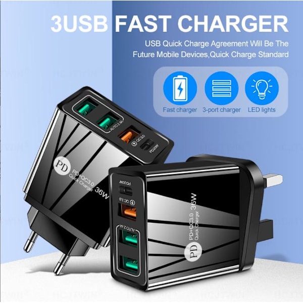 4A europeisk og amerikansk mobiltelefonlader PD20W+2.4A 3USB multiport-ladehodeadapter - White