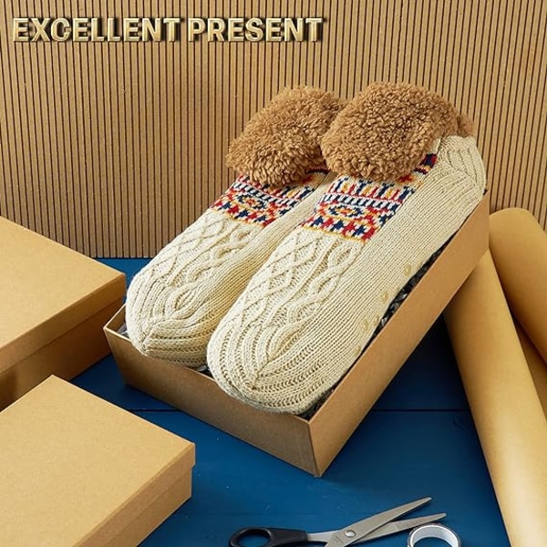 Tofflor Fluffiga Sockor för Kvinnor Män Värmehållande Sockor Stickade Sockor Ull Sherpa Fuzzy Sängtofflor En Storlek Halkfri (Beige)